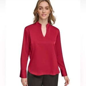 Calvin Klein Long Sleeve Vneck Blouse || Burgundy || XL